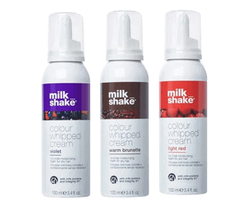 Three bottles of Milkshake Colour Whipped Cream Hair Mousse for vibrant styling