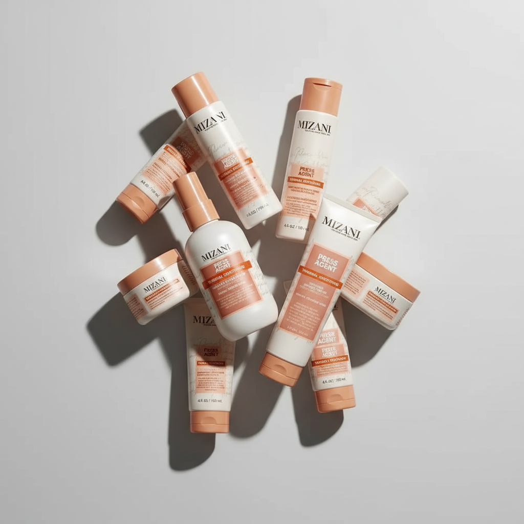 Mizani professional hair care products for textured and curly hair including thermal smoothing styling serums and creams