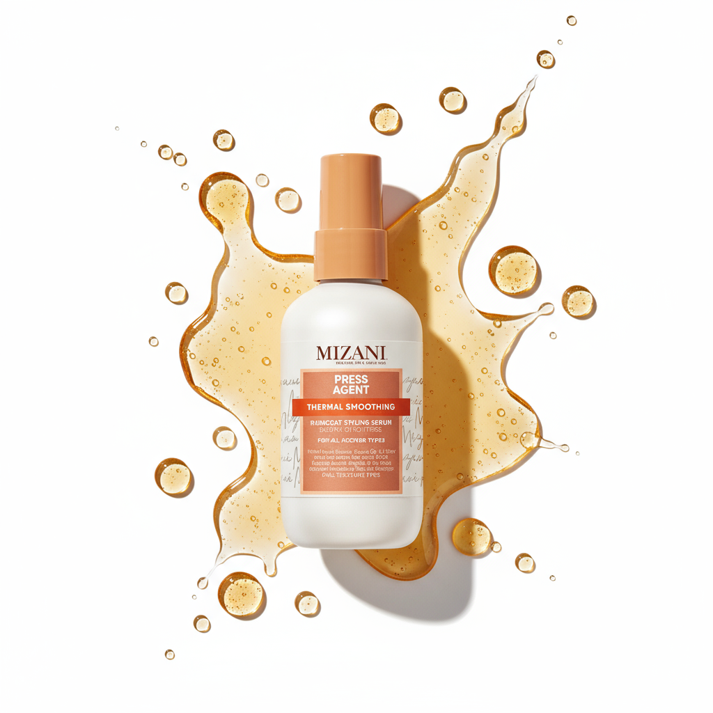 Mizani Press Agent thermal smoothing hair care products with golden droplets
