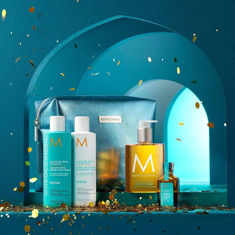 Moroccanoil gift sets featuring shampoo, conditioner, oil treatment, and a cosmetic bag.