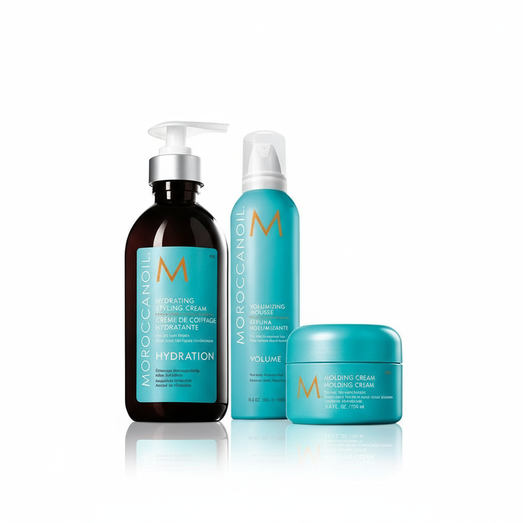 Moroccanoil styling products featuring hydrating styling cream, volumizing mousse, and molding cream - professional moroccanoil styling at Partners Hair South Africa
