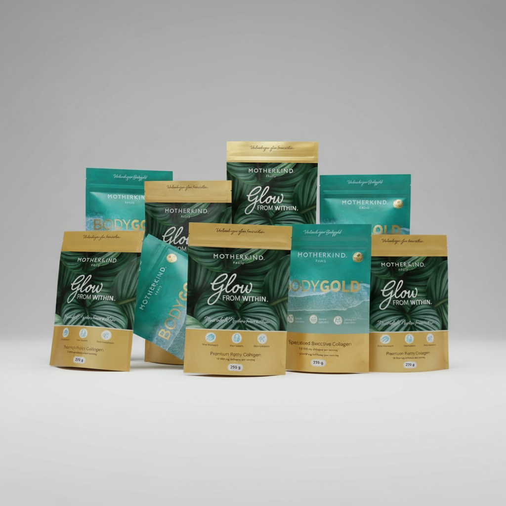 Motherkind Collagen beauty supplements including Glow From Within collagen and Body Gold bioactive collagen peptides