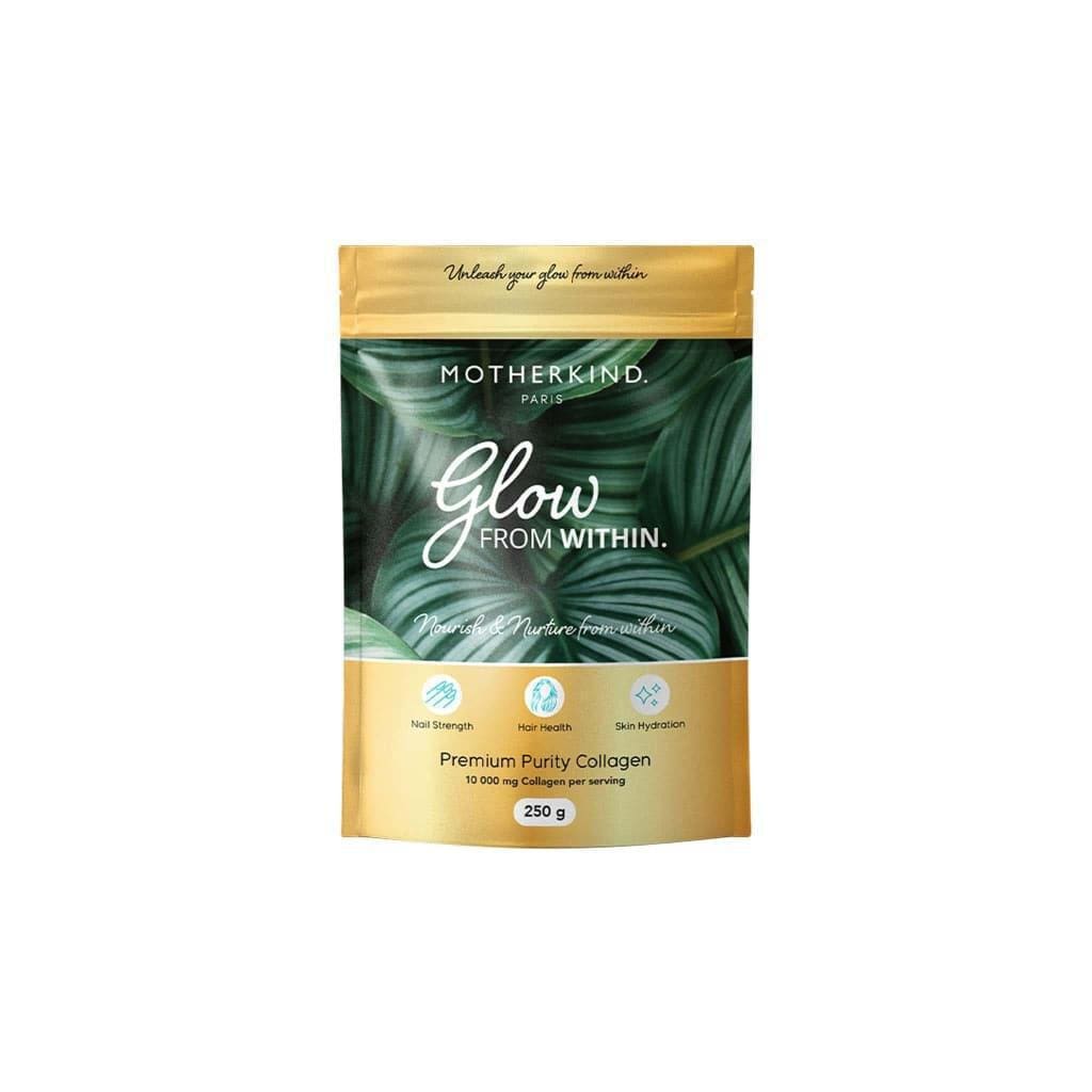 Green and gold pouch of Motherkind Glow From Within supplement in Motherkind Collagen collection