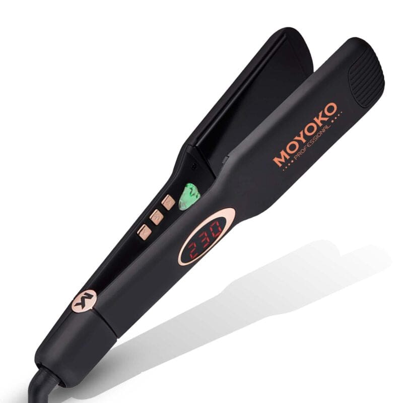 Black hair straightening iron with orange Moyoko branding and control buttons