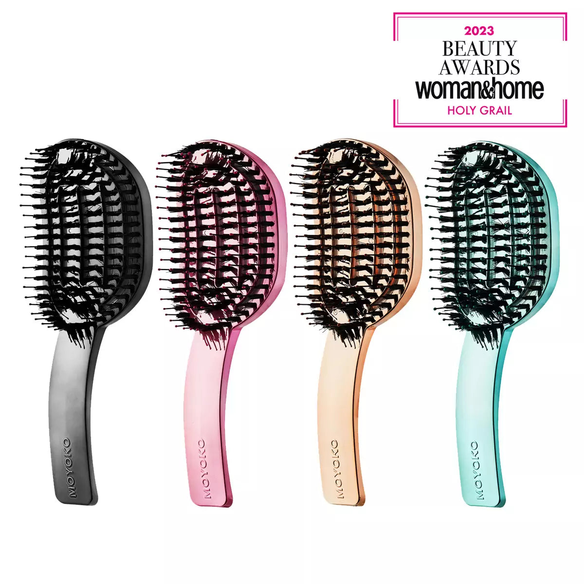 Set of four pastel-colored Moyoko Hailo hair brushes with flexible bristles for hair care.