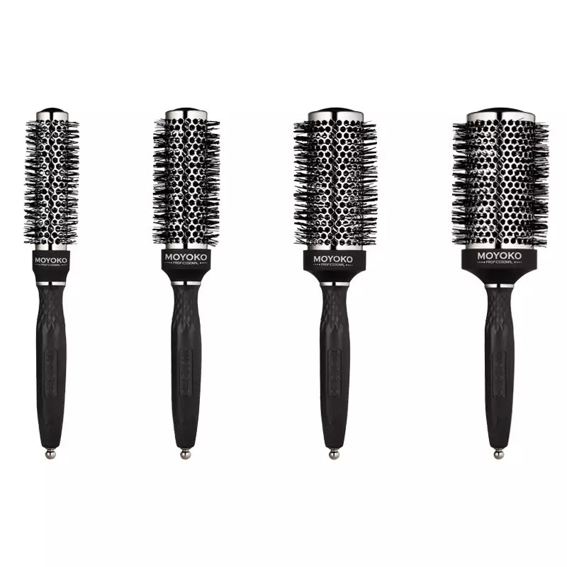 Moyoko Silver Arch Brushes: Set of 4 round hair care brushes with metal bristles and black handles.