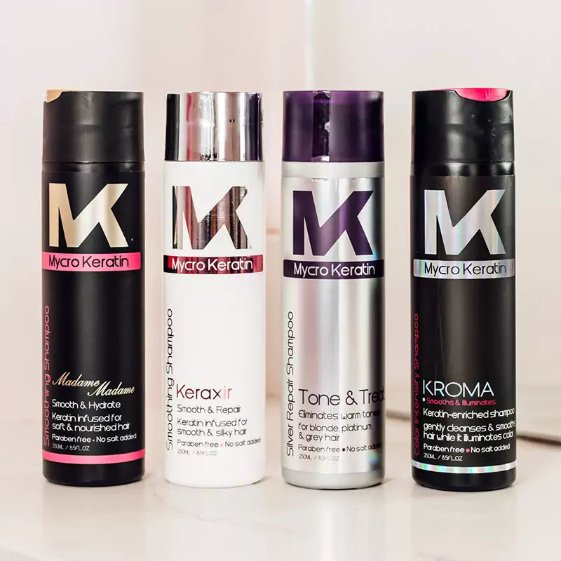 Mycro Keratin hair care products collection of shampoos and conditioners for vibrant hair.