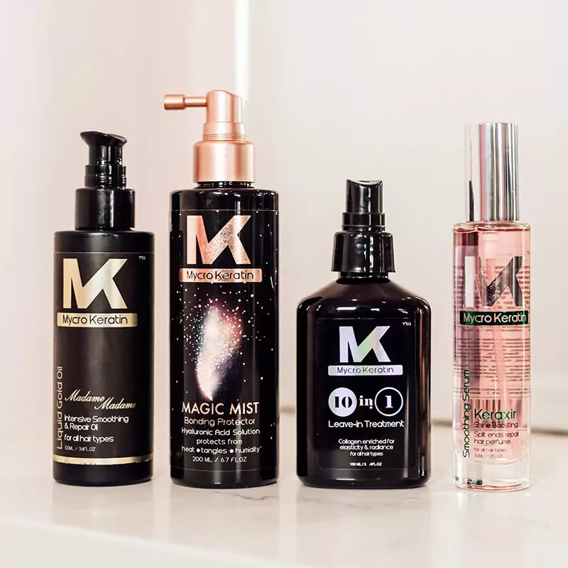 Mycro Keratin conditioners and shampoos in black and rose gold packaging collection.