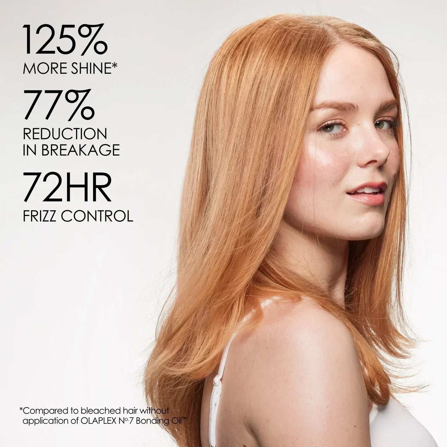 Woman with healthy, shiny strawberry blonde hair showing Olaplex results - 125% more shine, 77% reduction in breakage, 72 hour frizz control with Olaplex No. 7 Bonding Oil treatment