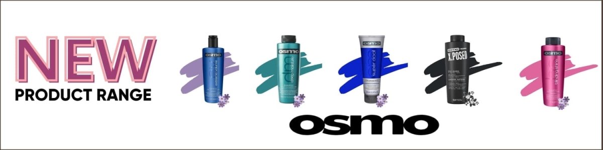 Colorful Osmo hair care products lineup, including repair mask, displayed in ’Osmo’ collection.