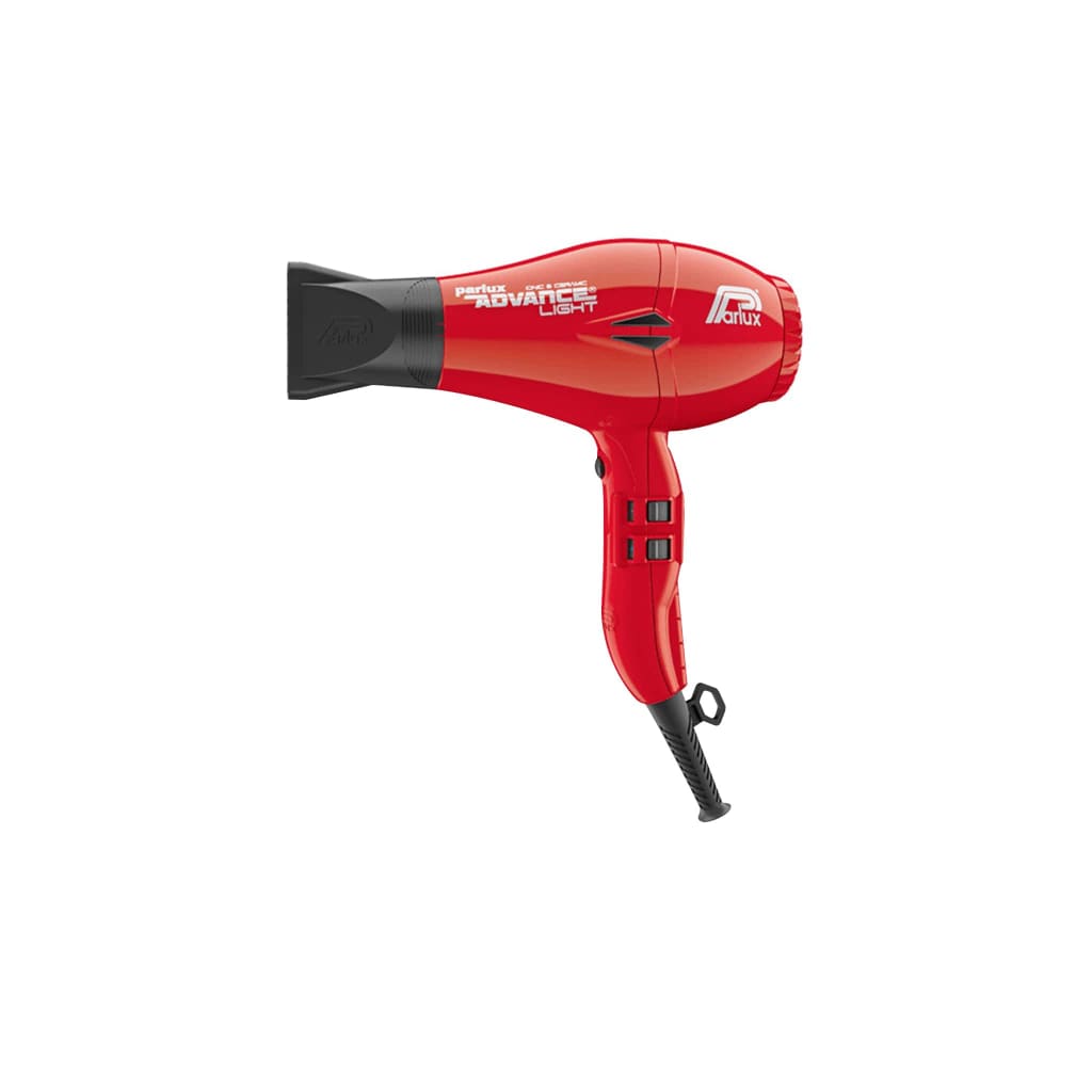 Red Parlux professional hair dryer with black nozzle attachment for salon use.