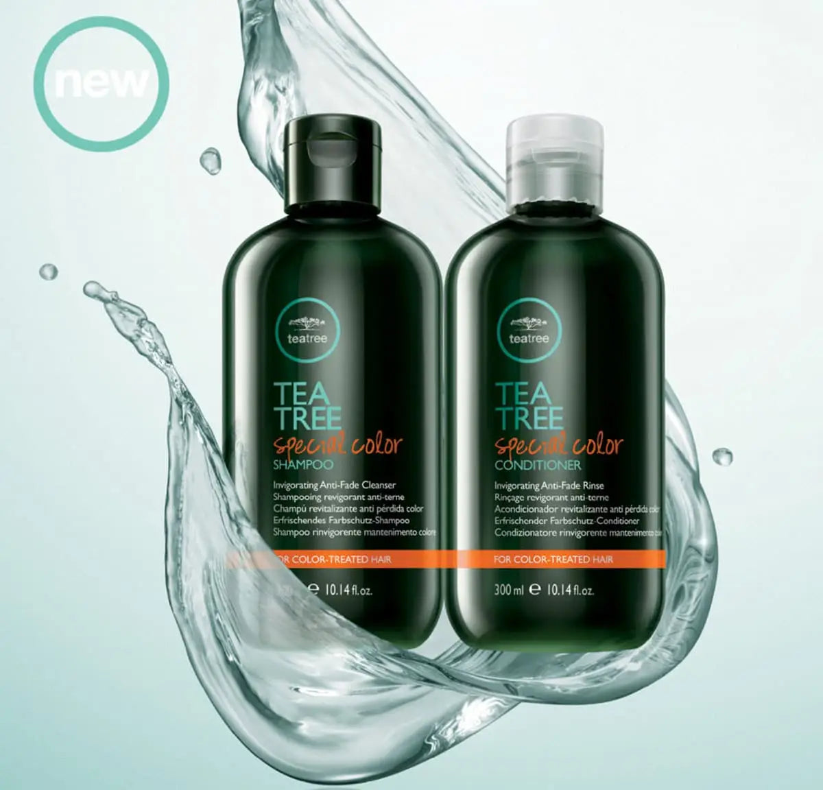 Paul Mitchell Tea Tree shampoo and conditioner for color-treated hair care products.