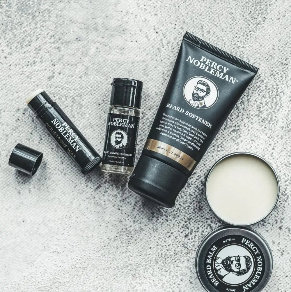 Percy Nobleman beard care products collection: softener, oil, and balm for grooming.