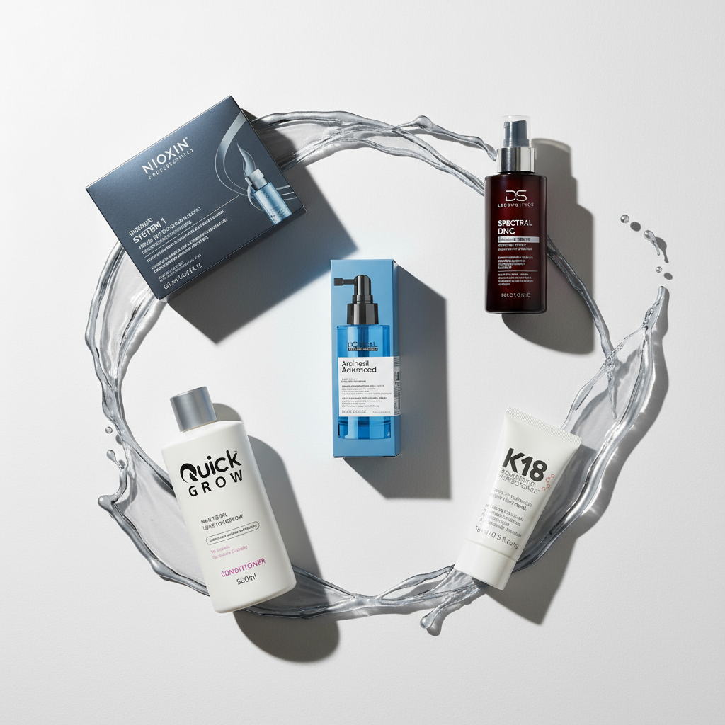 Hair growth products and hair loss treatments including Nioxin System 1, DS Laboratories Spectral DNC, L'Oreal Aminexil serum, Quick Grow Conditioner, K18 Treatment for thicker, fuller hair