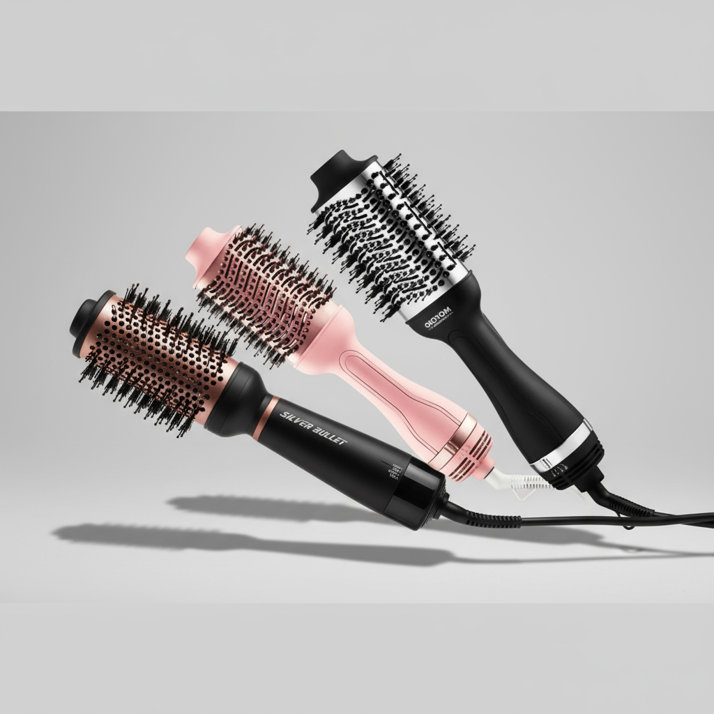 Professional hot air styling brushes including Silver Bullet Bliss and Moyoko Magnitude Blowbrush in black and pink