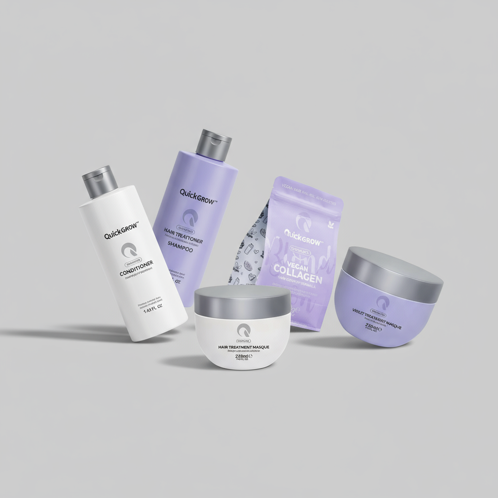 Quick Grow hair growth products including conditioners, shampoos, treatment masques and vegan collagen supplements