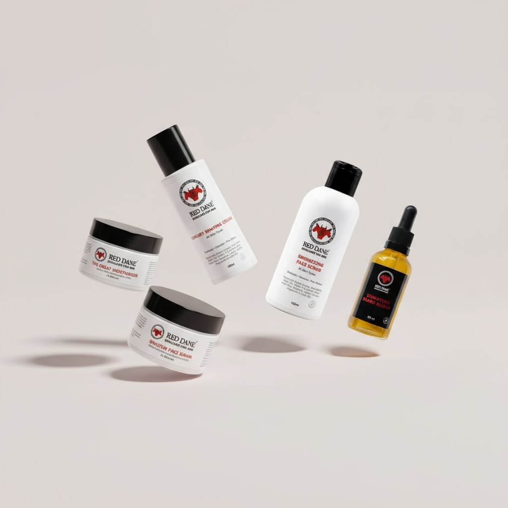 Red Dane premium men's grooming products including moisturizers, shaving cream, beard elixir, face scrubs and face wash