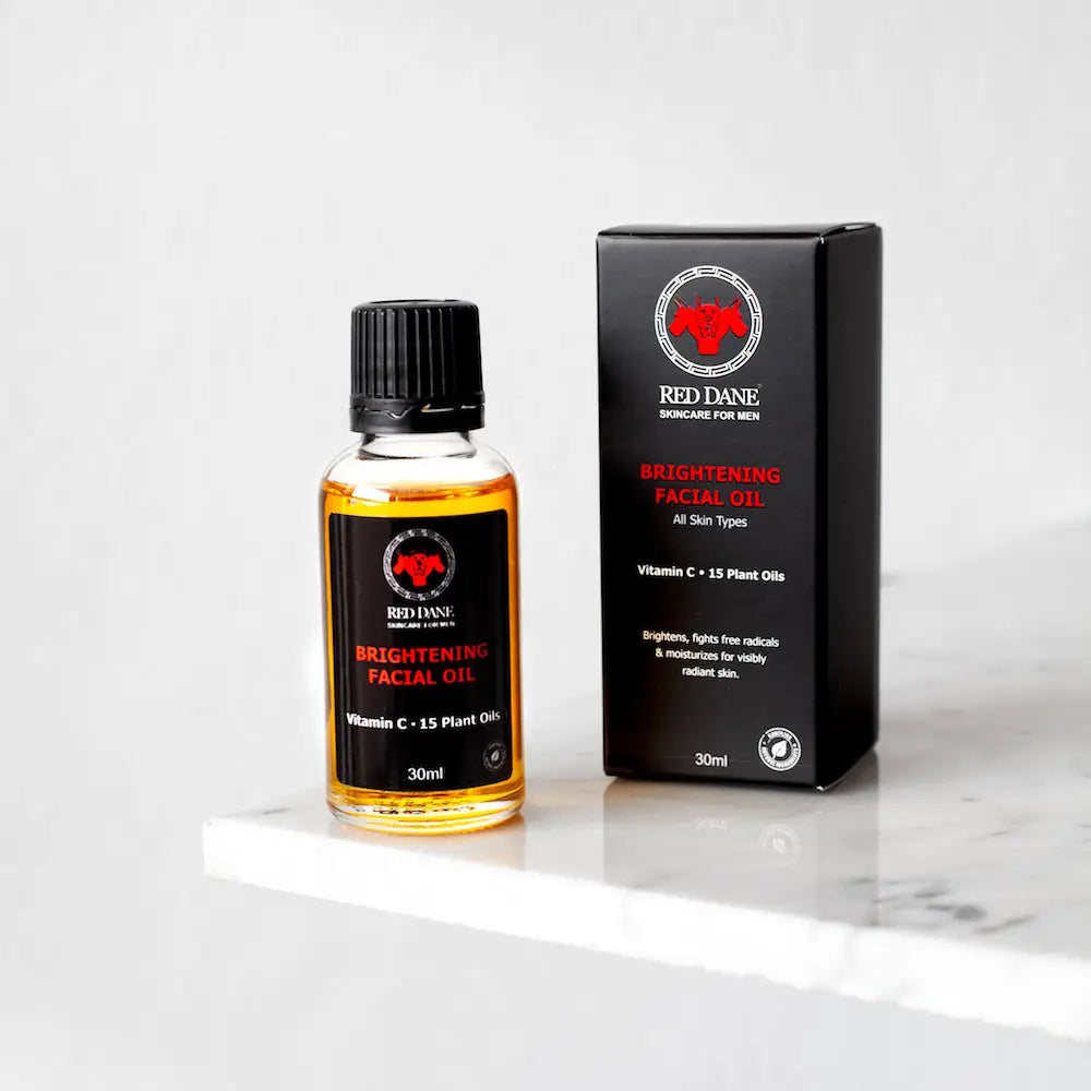 Bottle and packaging of Red Dane Brightening Facial Oil for men in Collections Red Dane.