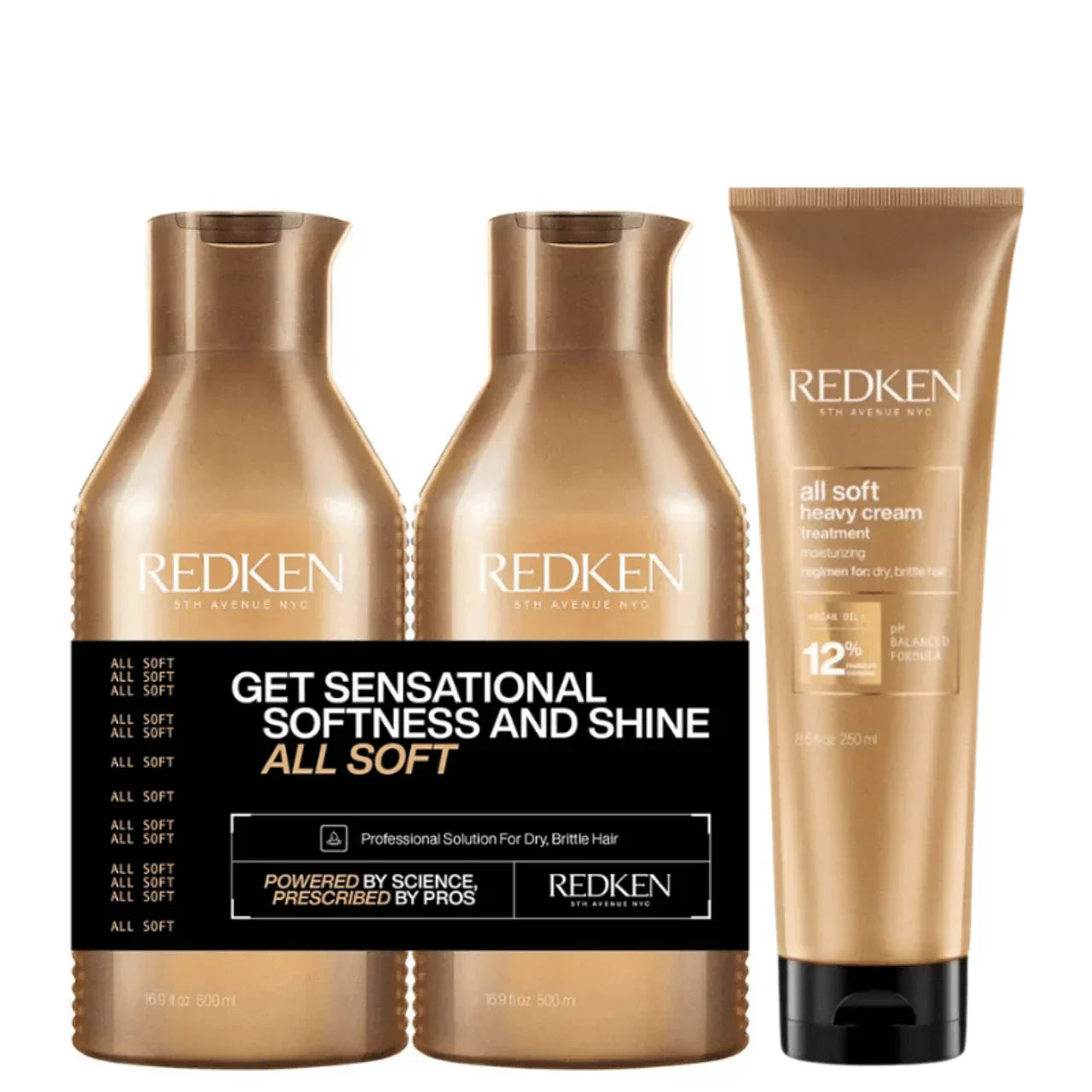 Redken haircare bundles featuring shampoo, conditioner, and treatment cream in gold bottles.