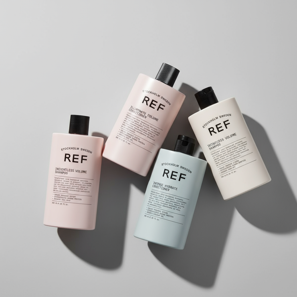 REF Swedish natural vegan hair care products including sulfate-free shampoos and conditioners for hydration, volume and color