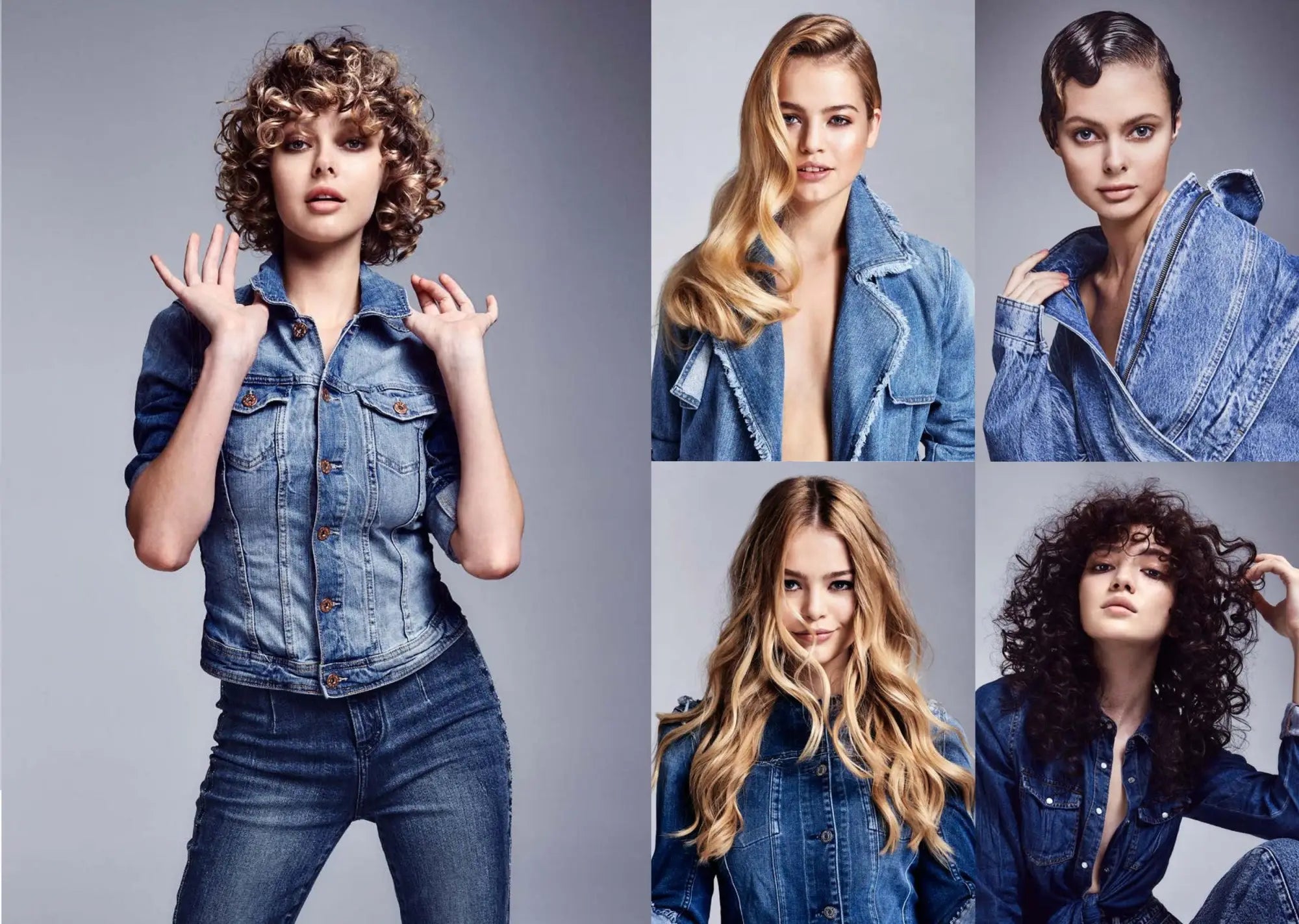 Models in denim & diverse hairstyles from RejuvX International collection.