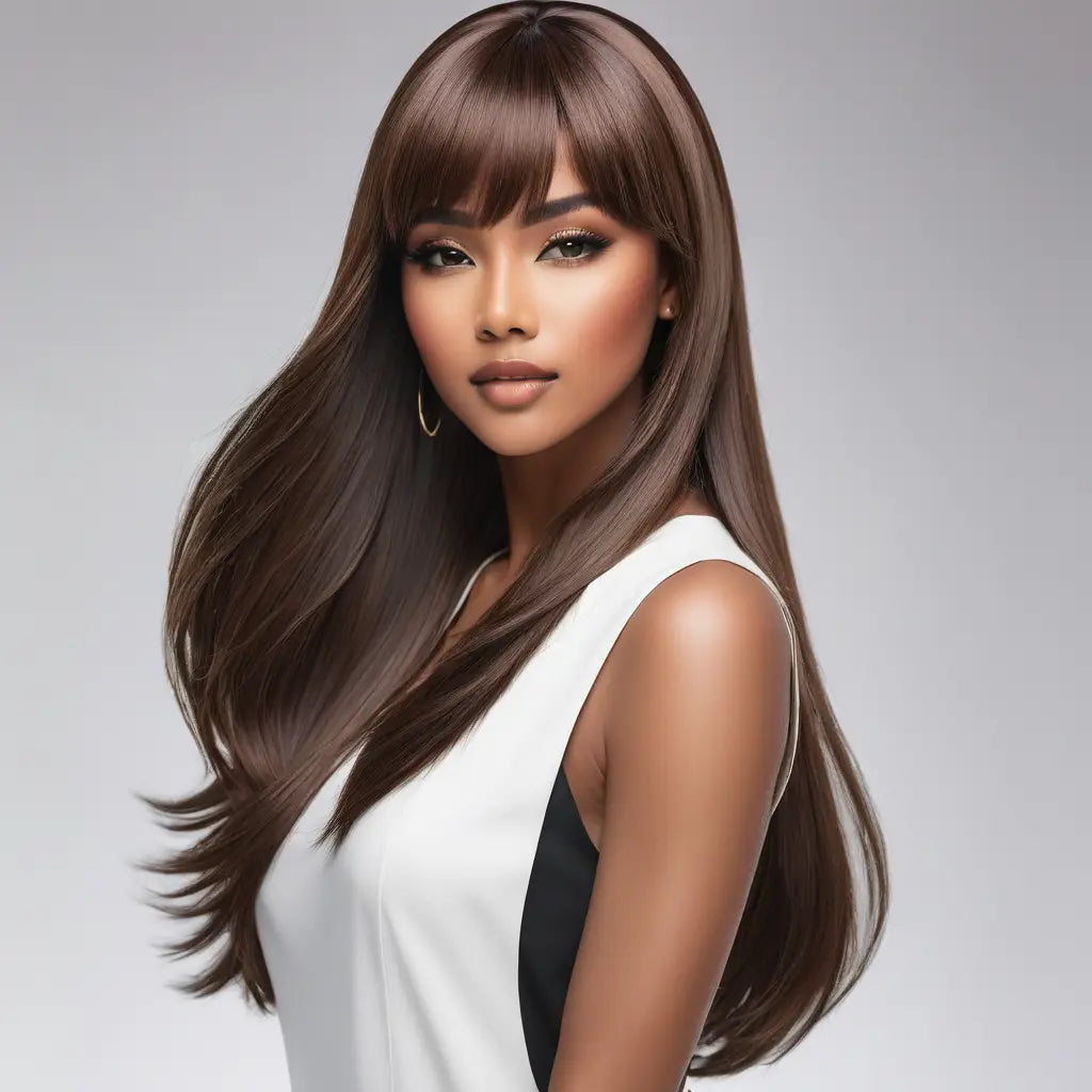 Woman wearing Ruby Wigs 2024 straight dark brown human hair wig with bangs.