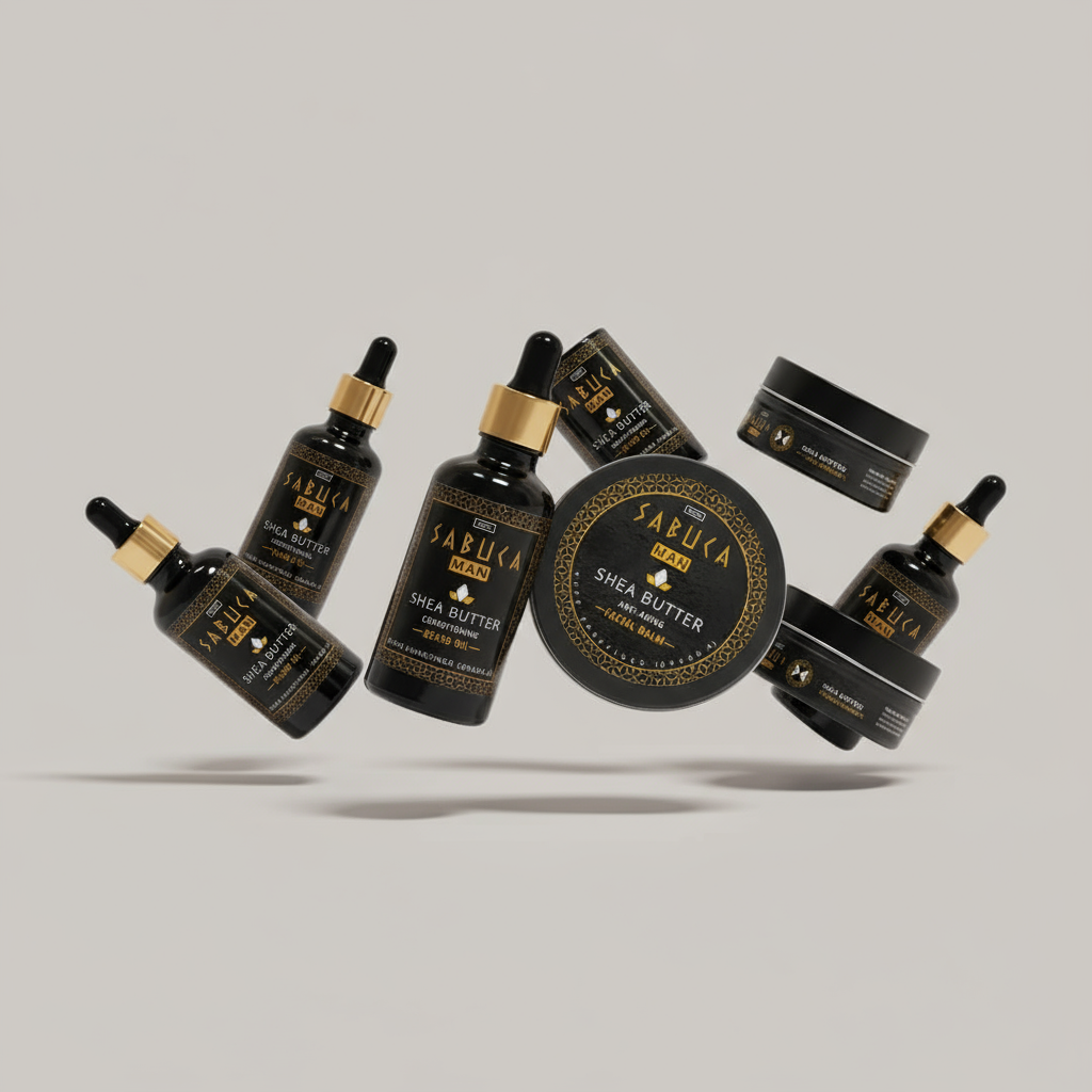 Sabuca MAN shea butter men's grooming products including conditioning beard oil and anti-ageing facial balm