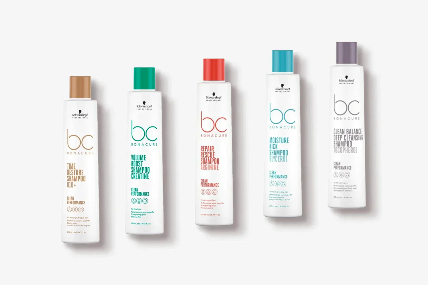 Five Schwarzkopf BC Bonacure hair care products in a collection of premium hair shampoo