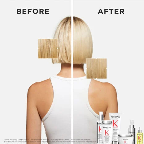 Split-screen blonde bob before and after using damaged hair care shampoo products.