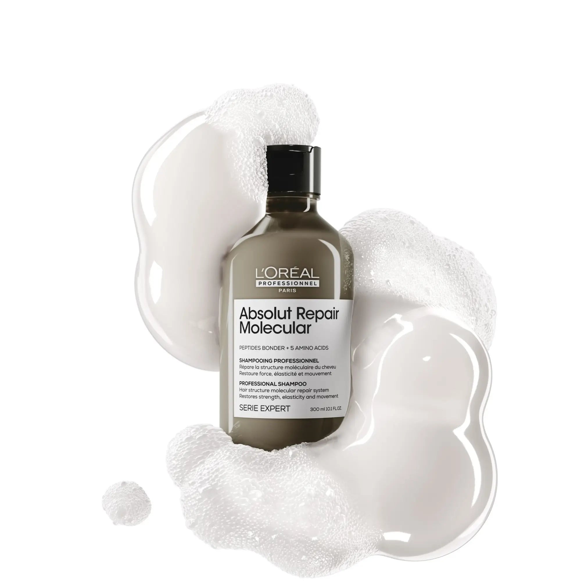 Bottle of L’Oreal Absolut Repair Molecular with lather in the Shampoo collection.