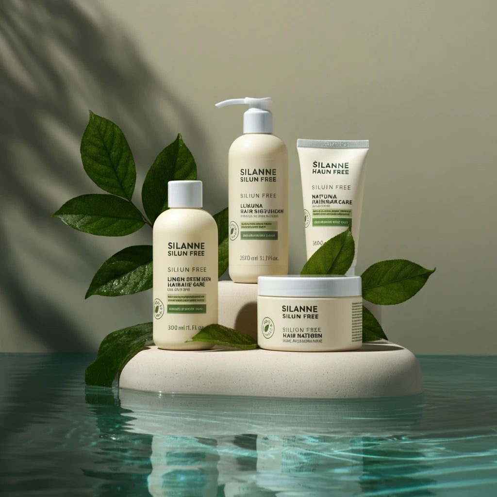 Silicone-Free skincare products with green plant leaves on white surface, Paul Mitchell conditioning oil.