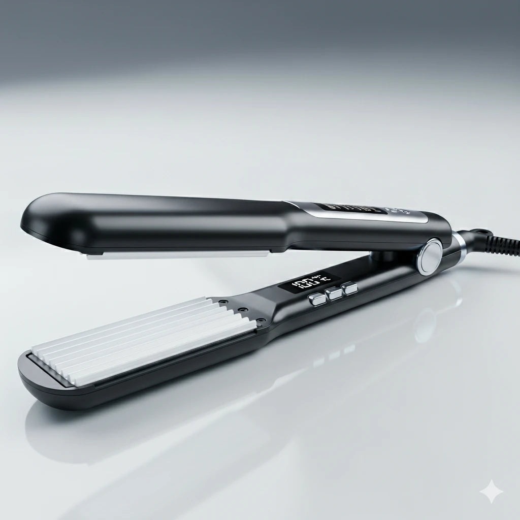 Silver Bullet hair styling tools: Black hair straightener and flat iron with gold ceramic plates.