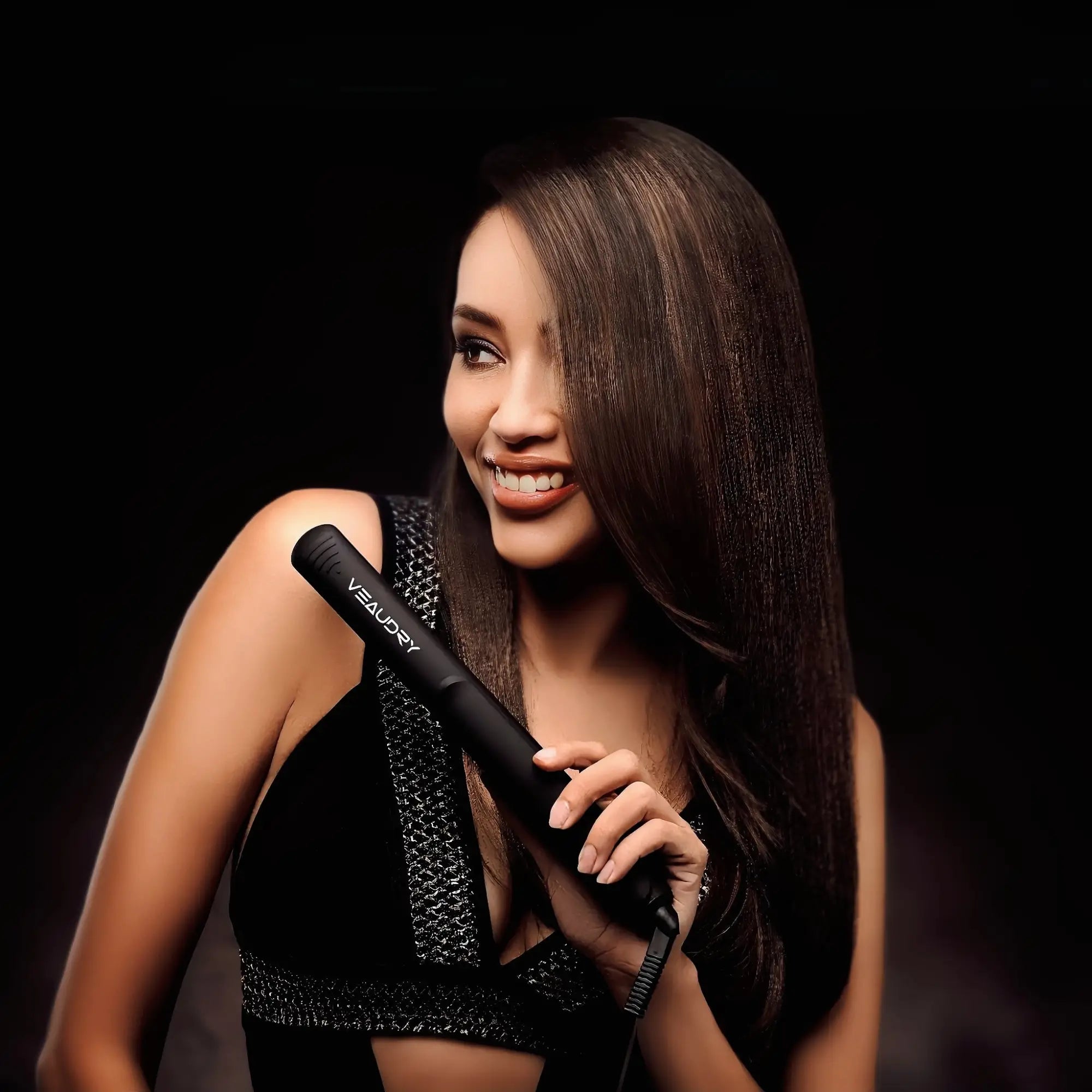 Black hair straightening iron from Veaudry Hair Iron and Styling Tools collection for sleek hairstyles