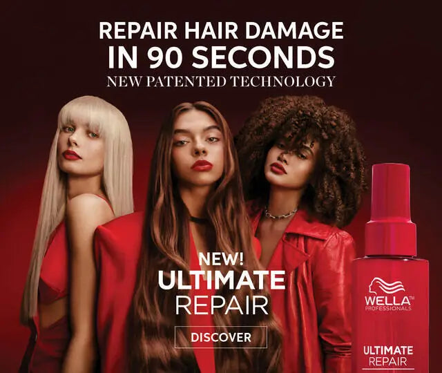 Advertisement for Wella Professional Products: Three models showcasing Ultimate Repair hair care products.