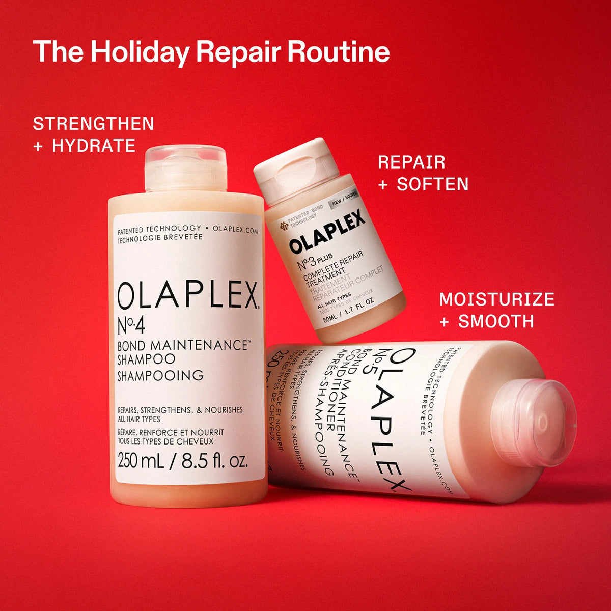 Olaplex holiday repair routine with No.4 Bond Maintenance Shampoo, No.5 Conditioner and No.3 PLUS