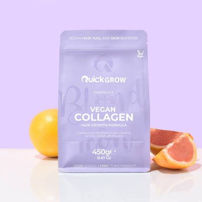 Styled ingredient photograph for Quick Grow Chocolate Vegan Collagen 450g