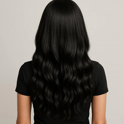 Ruby Wigs | Selena Long black Human Hair wig, face frame style with full, sweeping fringe