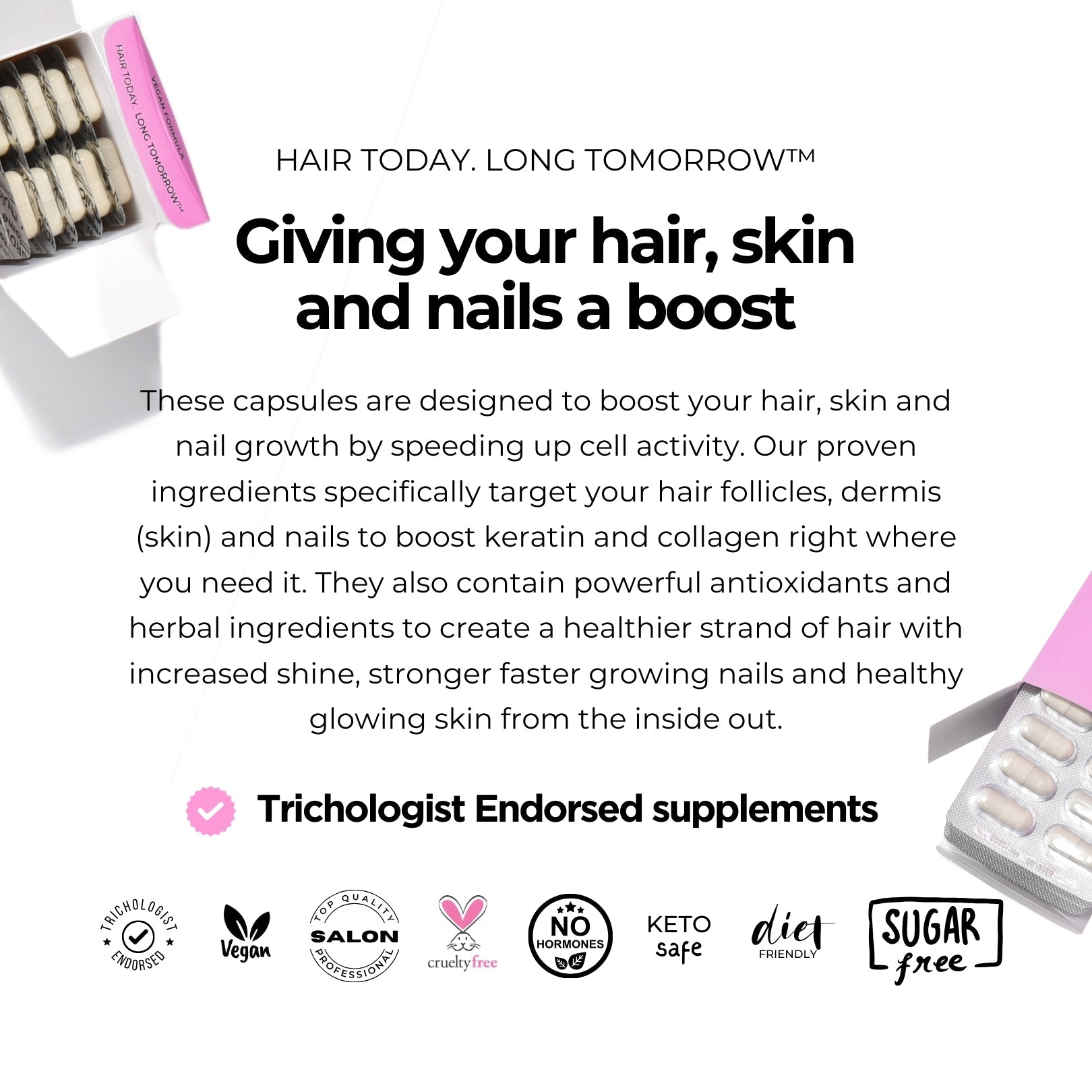 Official product and benefits graphic for Quick Grow Hair Growth Capsules for Women 60 Capsules