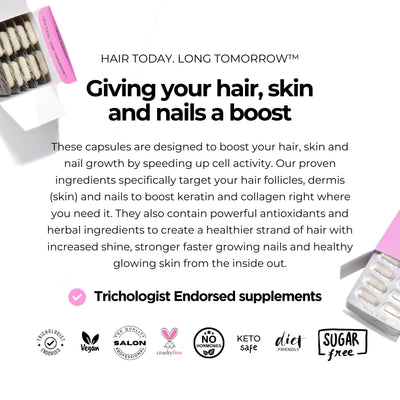 Official product and benefits graphic for Quick Grow Hair Growth Capsules for Women 60 Capsules
