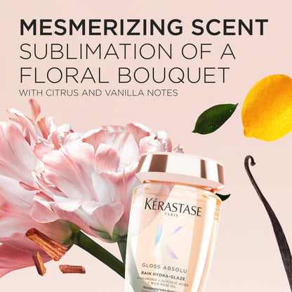 Kérastase Gloss Absolu Shampoo: Anti-Frizz & Shine Boost. Hydra-Glaze hair cleanser with citrus & vanilla notes. Floral Scent.