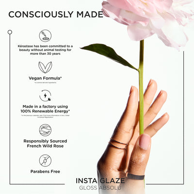 Kérastase Insta Glaze: Sustainable Beauty - Vegan, Paraben-Free, Renewable Energy. Gloss Absolu shown with hand & flower.