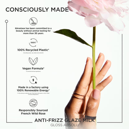 Kerastase Anti-Frizz Glaze Milk: Vegan, Recycled, Renewable. Sustainable hair care beauty image.