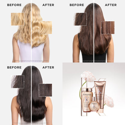 Kérastase Gloss Absolu: Hair transformation before & after. See the shine! Frizz-free results on blonde, brunette, and dark hair.