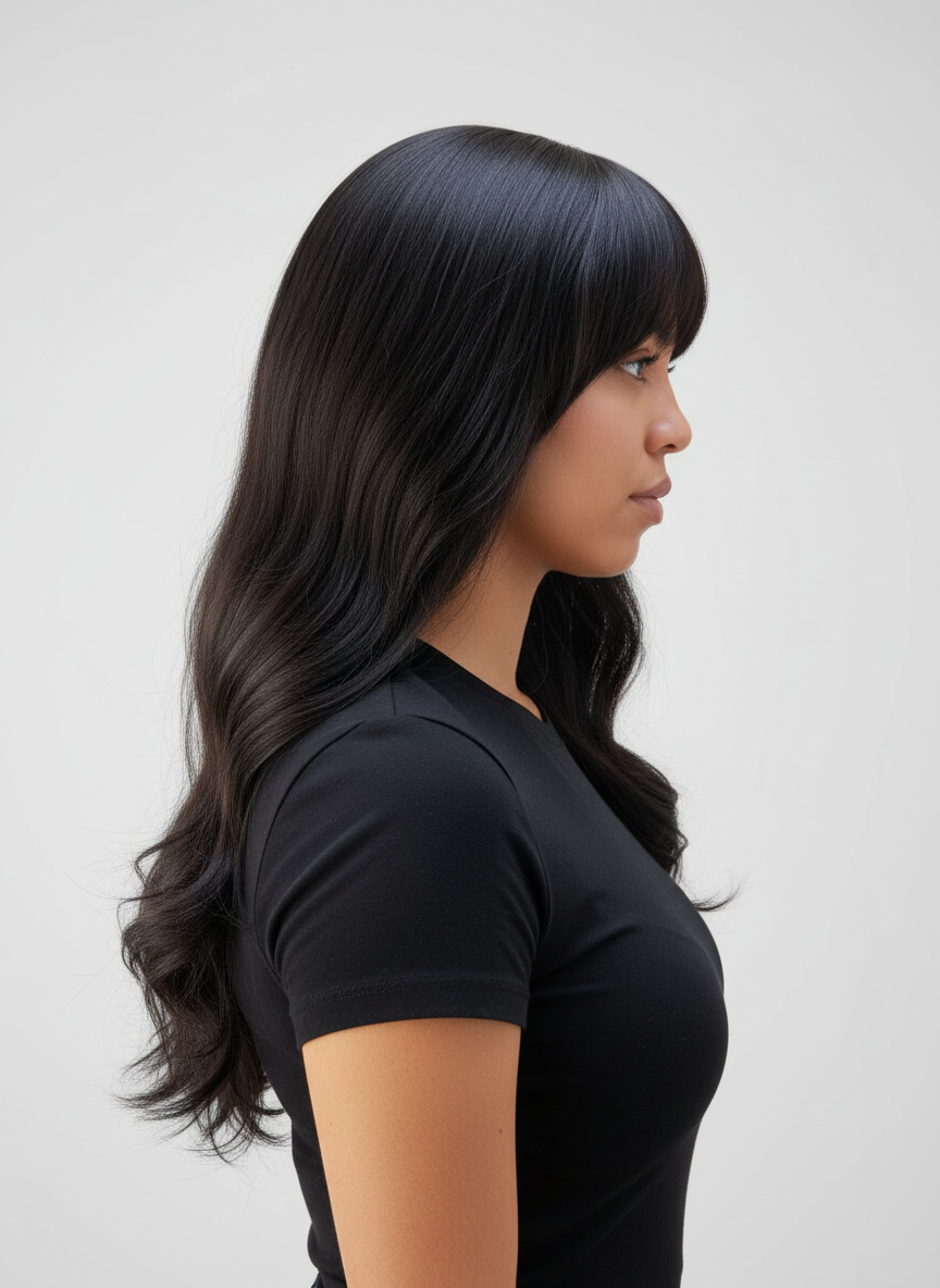 Ruby Wigs | Selena Long black Human Hair wig, face frame style with full, sweeping fringe