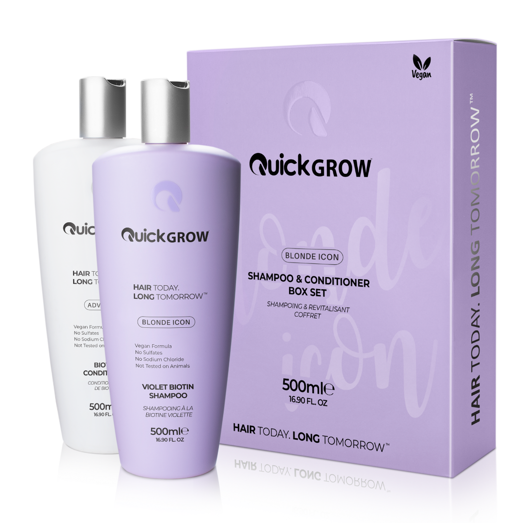 Quick Grow Blonde Icon Shampoo and Conditioner Box Set 500ml official product packaging, front view