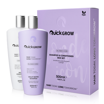 Quick Grow Blonde Icon Shampoo and Conditioner Box Set 500ml official product packaging, front view