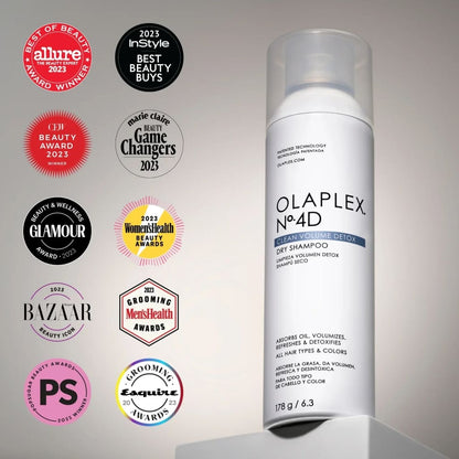 White bottle of Olaplex No.4D Clean Volume Detox Dry Shampoo with multiple beauty award badges displayed alongside it.