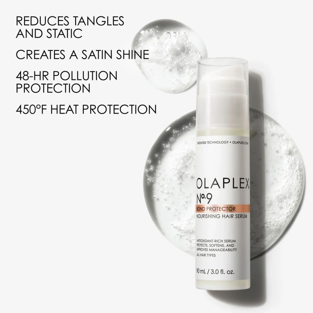 White bottle of Olaplex No. 9 Bond Protector Nourishing Hair Serum.