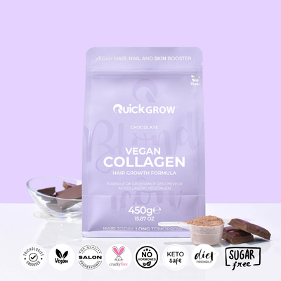 Styled ingredient photograph for Quick Grow Chocolate Vegan Collagen 450g