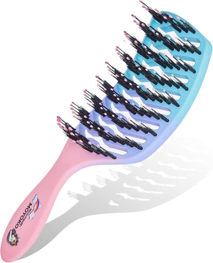 Colorful hairbrush with a curved design and mixed bristles.